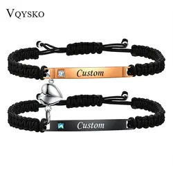 Fashion Custom Couple Stainless Steel Bracelet Set Black Woven Heart Magnetic Suction Diamond Inlaid Bracelet for Women Jewelry