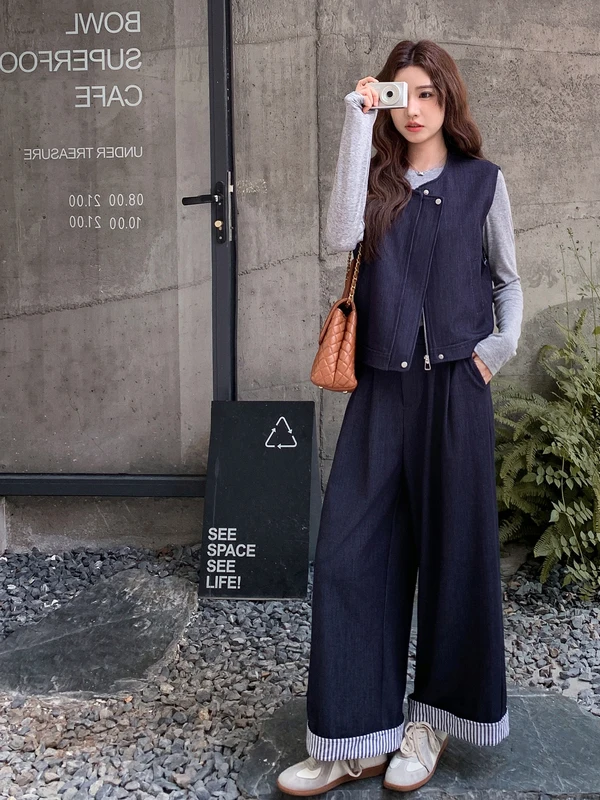 

Salt Series Vintage Casual T-irt Vest Wide Leg Tee-Piece Set Women's Lazy Sle Small Size Autumn New Faion Set