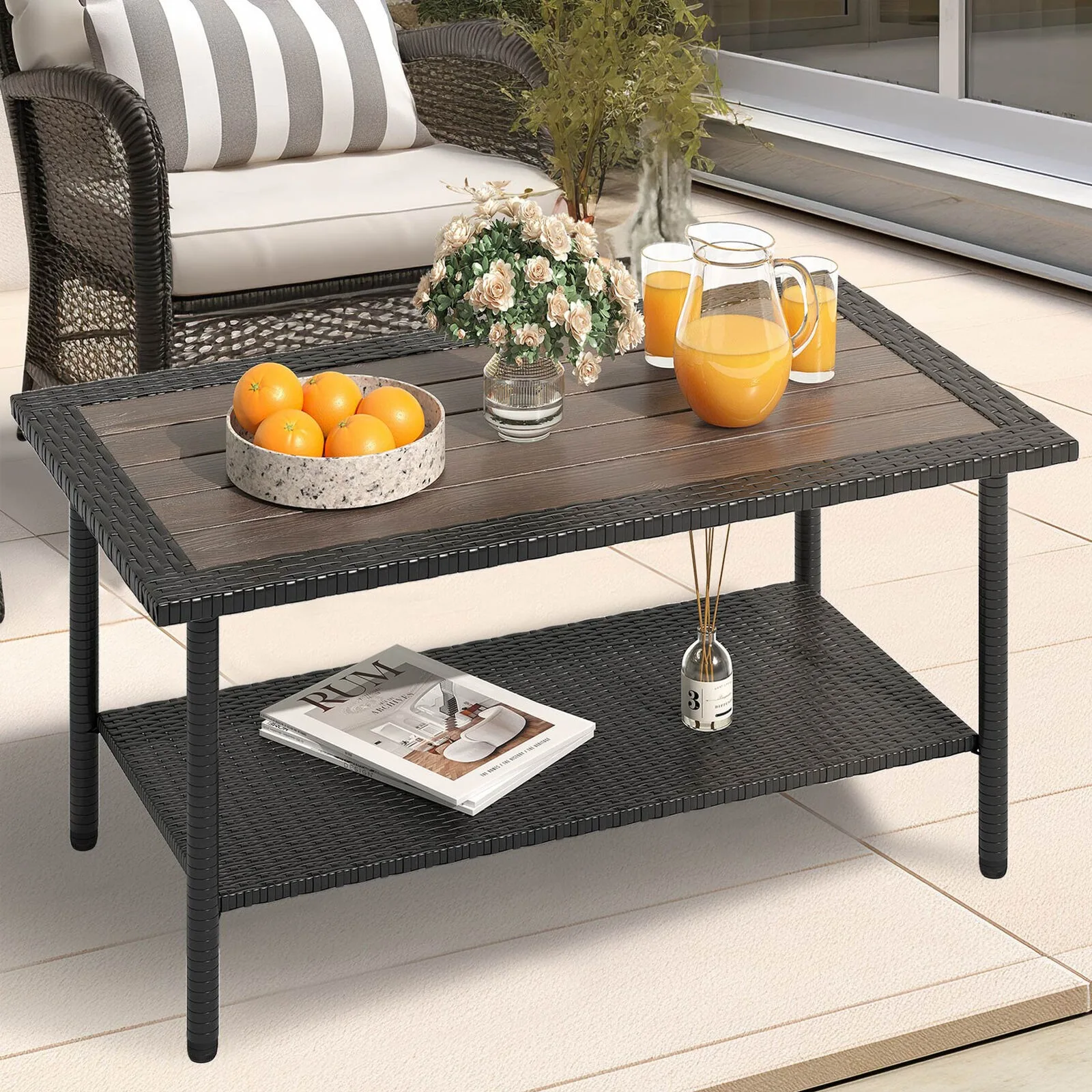 

US Outdoor Wicker Coffee Table Patio Rattan Coffee Table with 2-Tier Storage Shelf