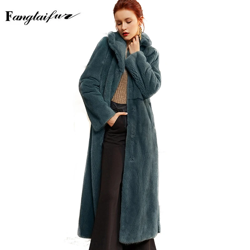 Ftangaiur Winter Female Import Velvet Mink Fur Coat Loose Mink Coat Women Jacket With Fur Hood X-Long Natural Real Mink Fur Coat