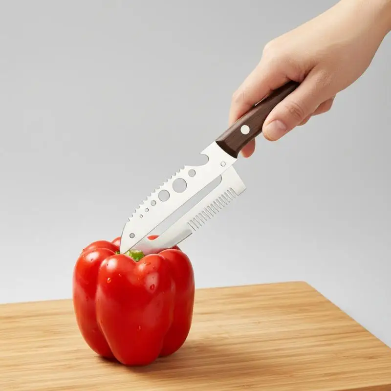 Multifunctional Stainless Steel Onion Cutter With Wood Handle Bottle Opener Fish Scraper For Home Kitchen Use