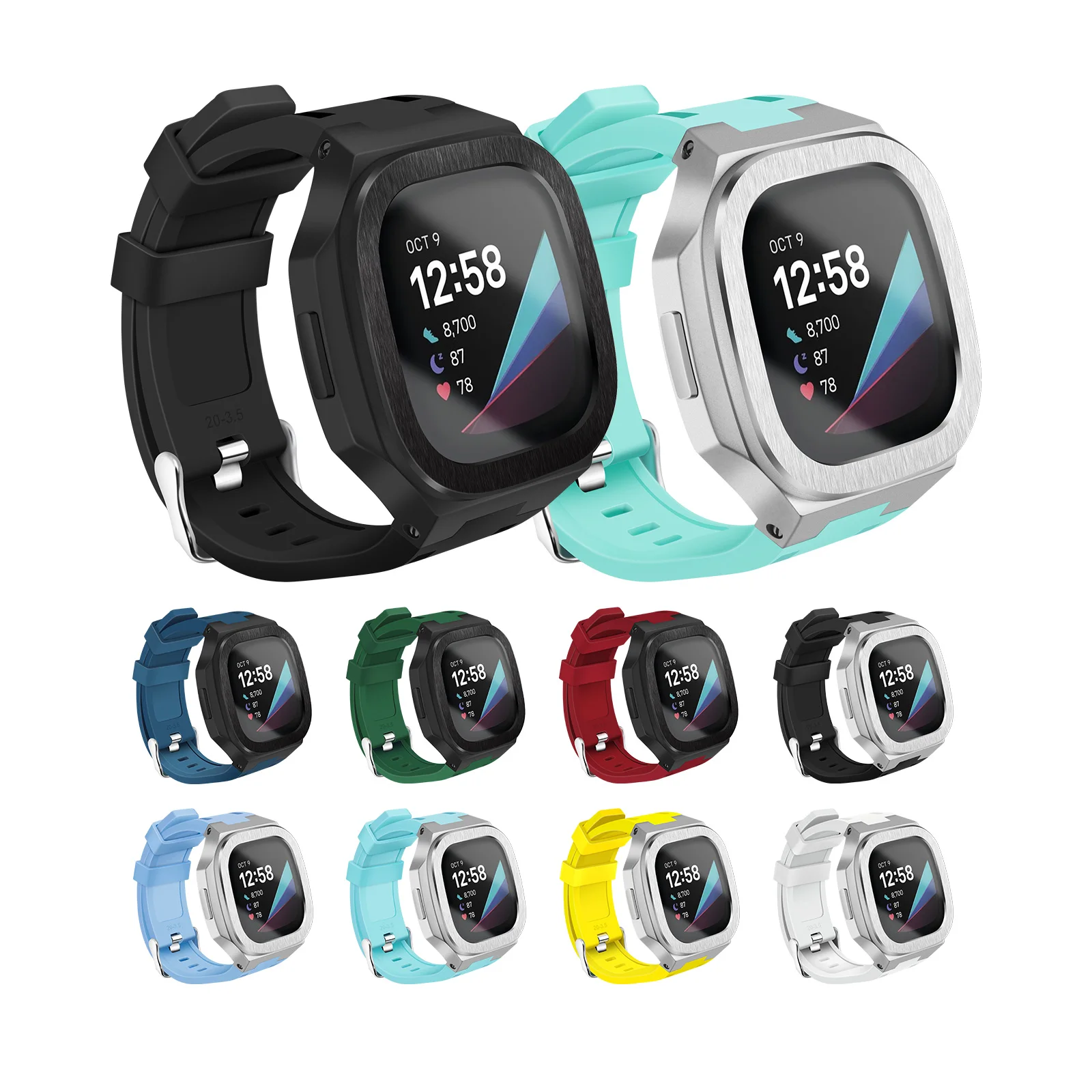 حافظة ساعة ذكية لـ Fitbit Versa 3 4/ Fitbit Sense 2 واقي شاشة زجاجي رفيع للغاية حزام رياضي لـ Fitbit Versa 3/Sense