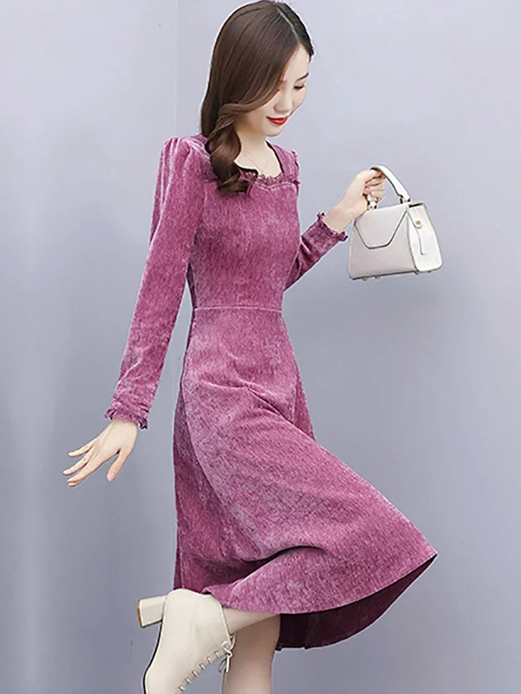 Autumn Winter Corduroy Vintage Midi Vestidos Women Long Sleeve Chic Lace Sqaure Collar Dress 2024 Elegant Festival Party Dress