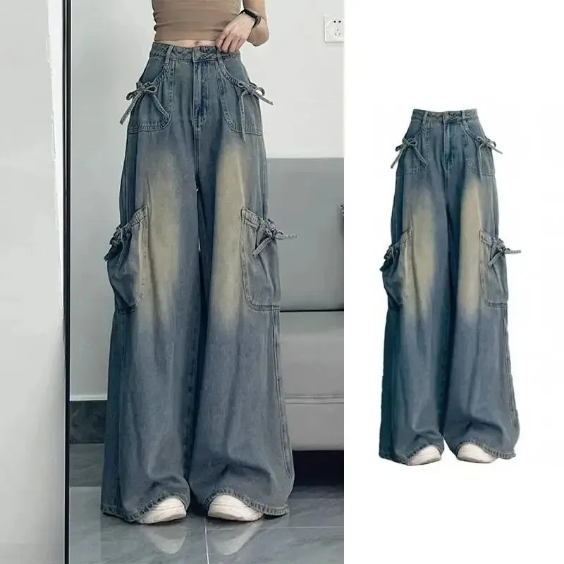 Vaqueros de mezclilla con lazo Retro americano para mujer primavera otoño nuevos pantalones de pierna ancha ajustados de cintura alta con múltiples bolsillos