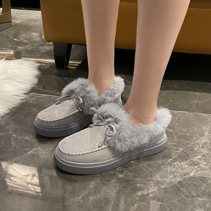 Winter Women\'s Cotton Flat Shoes Moccasins Femme Warm Plush Loafers Comfy Fur Flats Woman Large Size 35-43 Platform Furry Boots