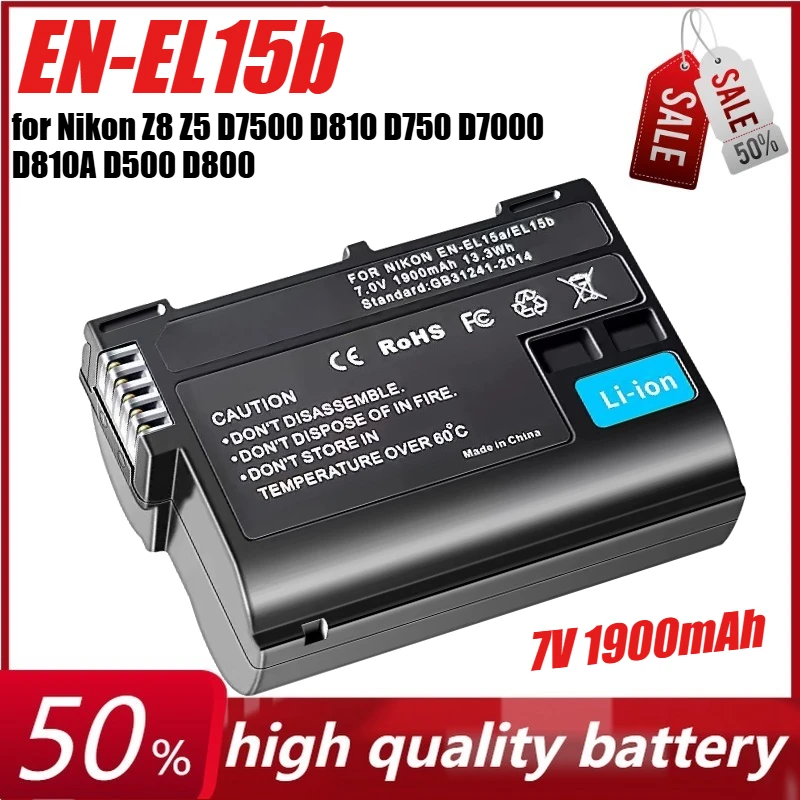 

7V 1900mAh EN-EL15b for Nikon Z8 Z5 ZF Z6 Z6Ⅱ/Z6 2 Z6Ⅲ/Z6 3 Z7 Z7Ⅱ/Z7 2 D7500 D810 D750 D7000 D810A D500 D800 Camera + Charger