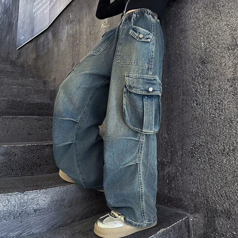 2026 Hot Sale Wide Leg Trousers Teenage Girls Jeans with Big Pocket Four Seasons High Waist Fashion Blue Cargo Denim Pants