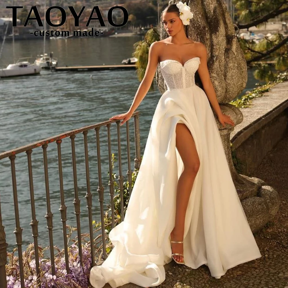 Nuovi abiti da sposa linea A Semplici personalizzati senza spalline con strascico Abiti da sposa Abiti da sposa senza schienale con spacco laterale abiti da sposa