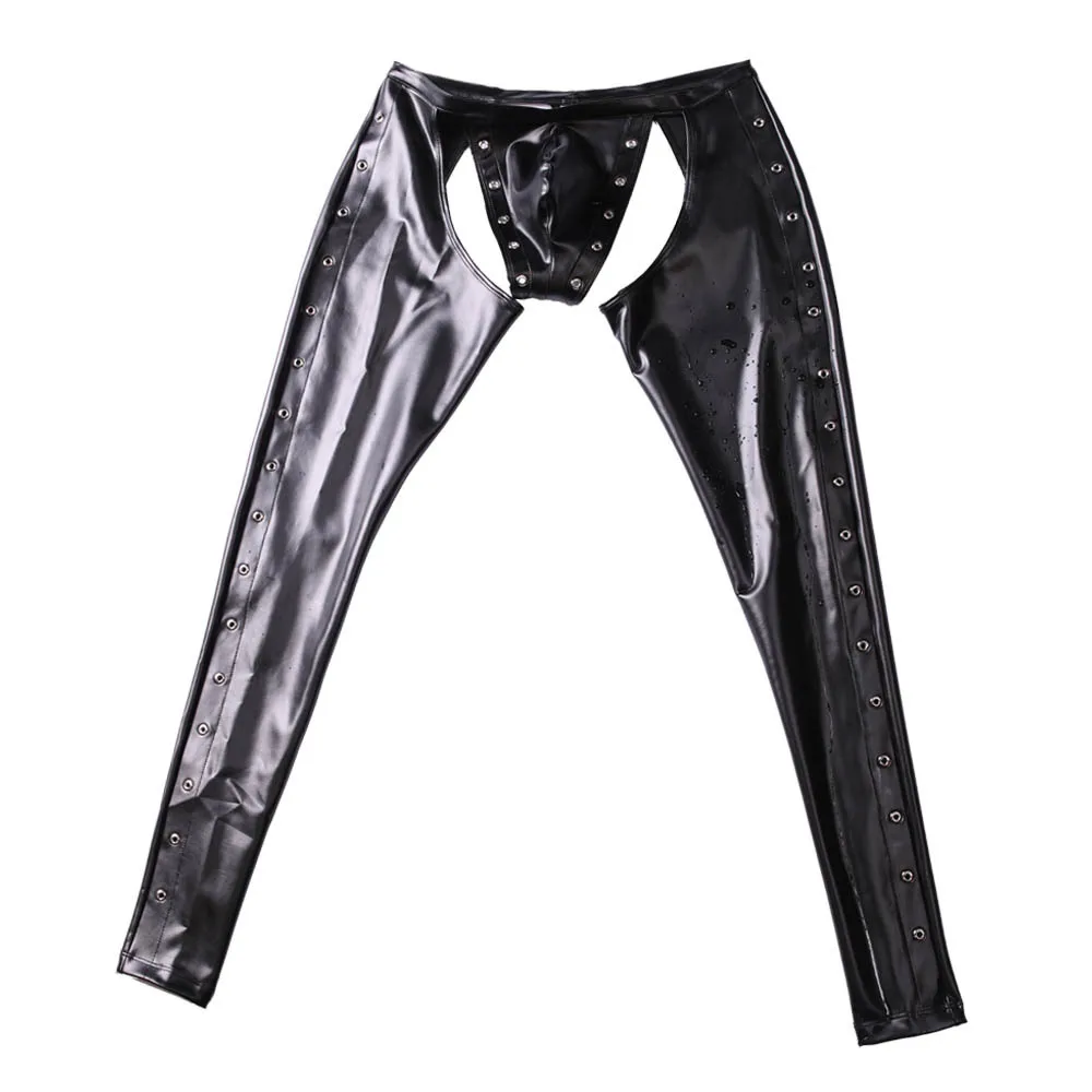 Men Sexy Pants Open Crotch Trousers Faux Leather Nightclub Stage Performance Stylish