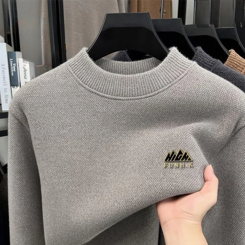 Heavyweight Jacquard Sweaters Semi High Neck Long Sleeved Sweater for Men Plush Fleece Lined Warm Loose Knitting Base Pullovers