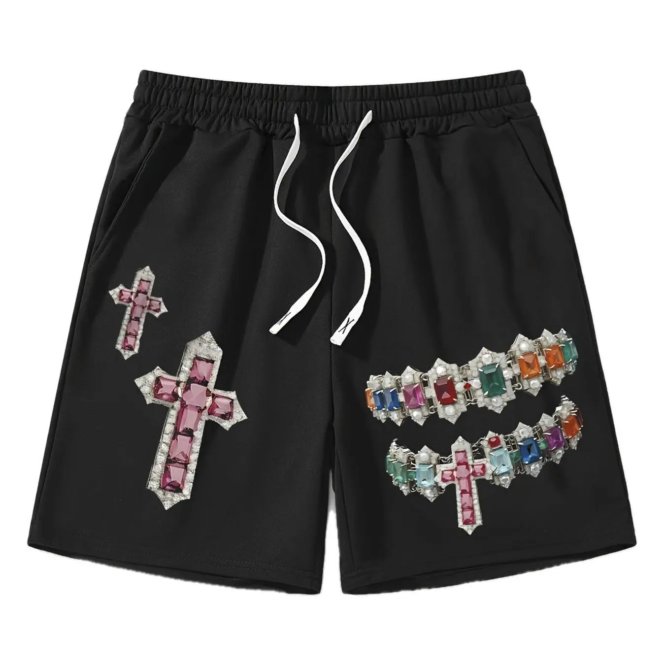 

Men's Breathable Casual Sports Shorts, Synthetic Gemstone Cross Print, Loose Fit with Pockets and Elastic Waistband & Drawstring