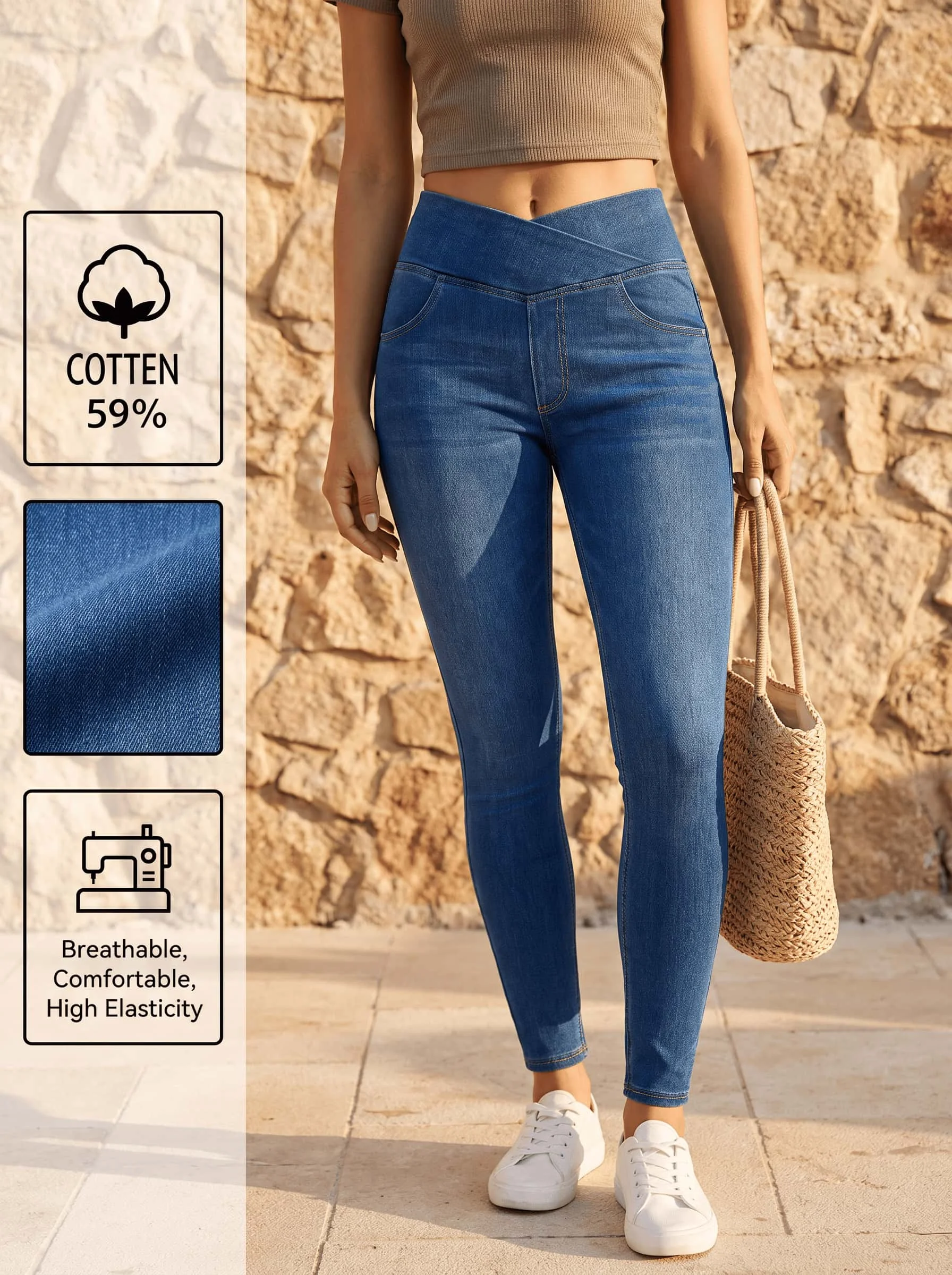 Smoothscape Women Cross Waist Skinny Jeans High Stretch Yoga Denim Pants High Waist Slim Fit Shaping Casual Jeggings Y2K Fashion