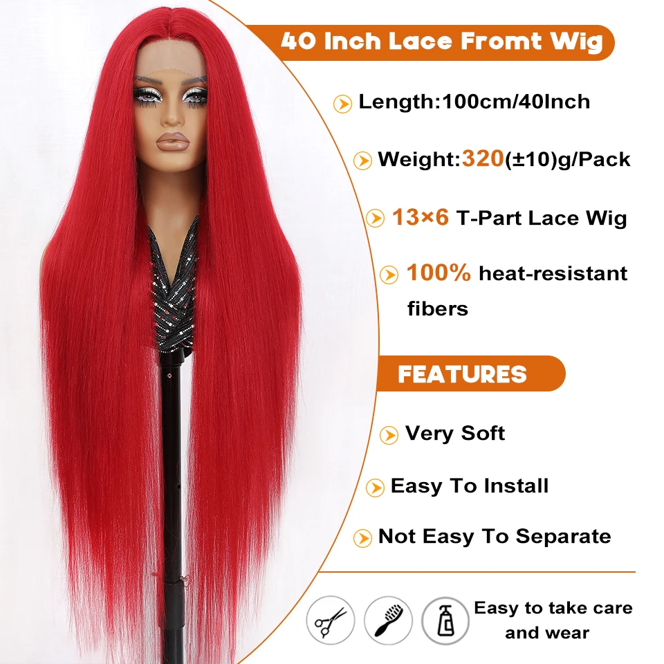 Супер длинные натуральные черные синтетические кружевные парики 13x6, 40 дюймов, высокое качество, длинный прямой бесклеевой кружевной фронтальный парик для женщин, косплей