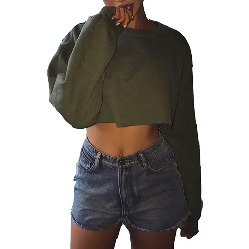 

Army Green Women 2024 Hoodies Lantern Long Sleeve Top O-Neck Sweartshirt Crop Pullover Sport Active Hoodie Harajuku Kawaii