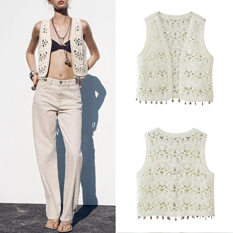 Summer 2025 Women's Knitted ell Decorated Open Front Vest ell aped Design Polyester Fiber 00% New Faion Trend