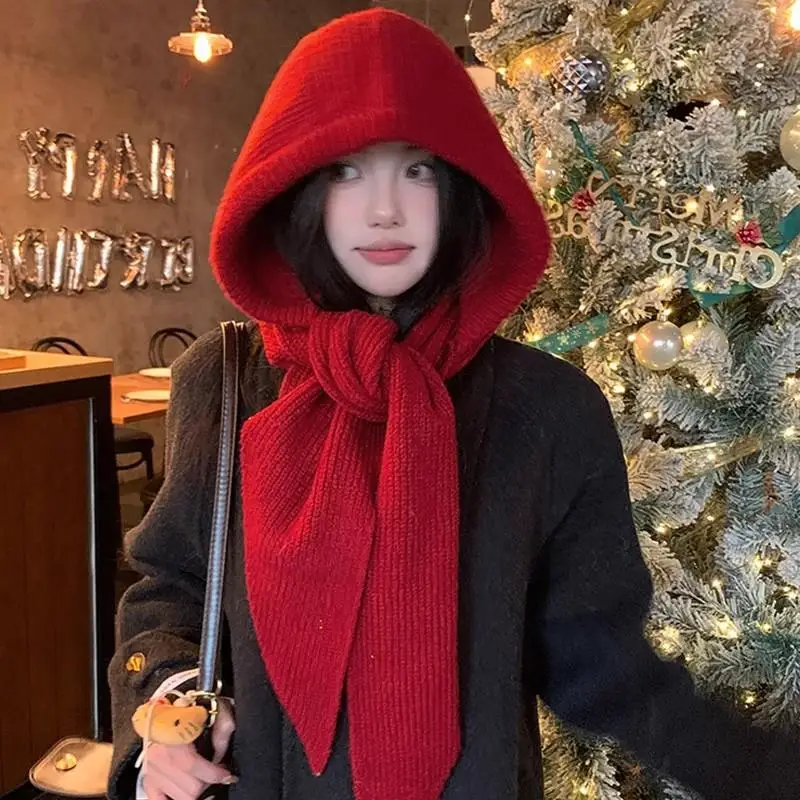 

Knitted Hooded Caps Women Men Winter Balaclava Hats Neck warmer Hats Outdoor Warmer Drawstring Hats One-piece Scarf Beanies Cap