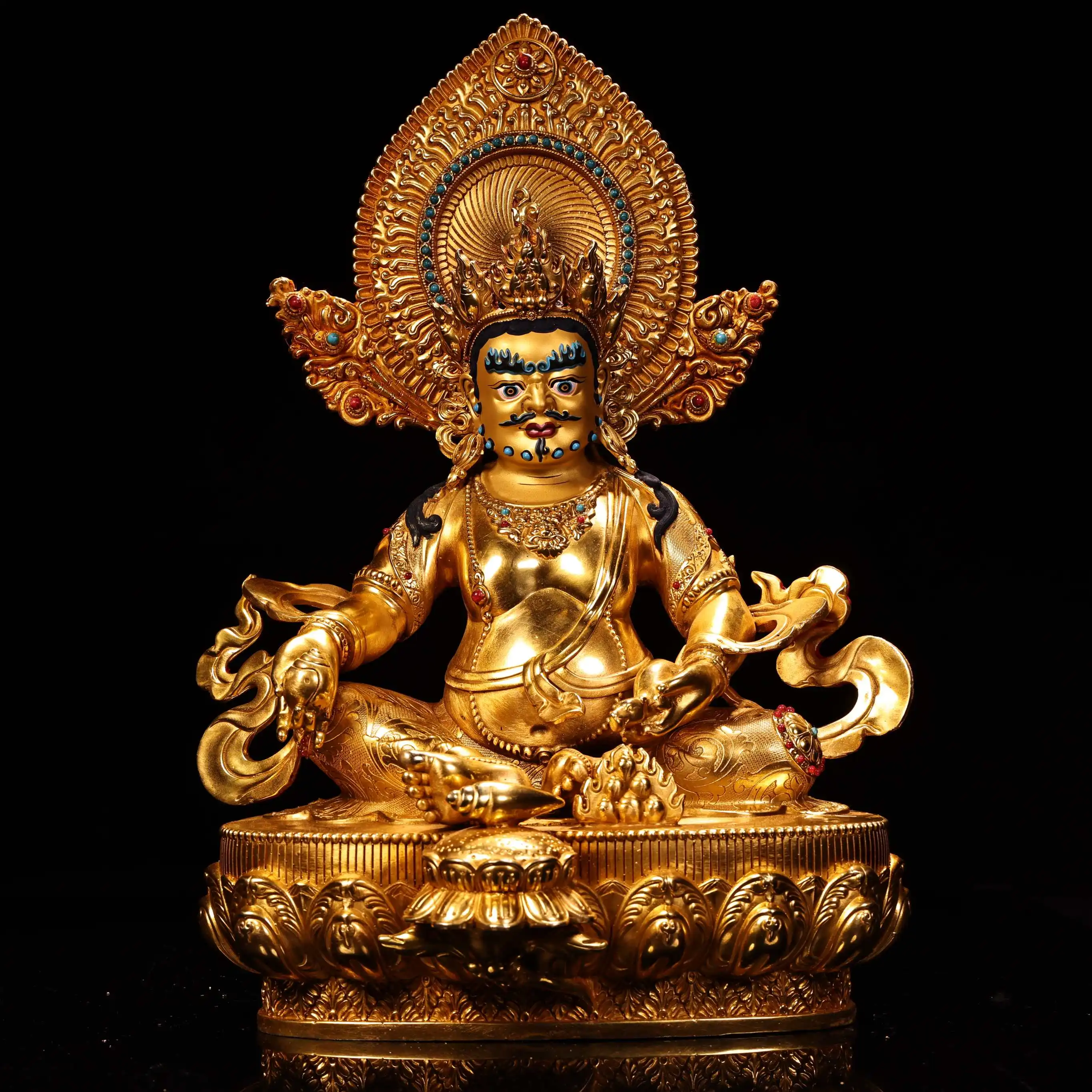 

16"Tibetan Temple Collection Old Bronze Gilded High Relief Mosaic Gem Yellow Jambhala Sitting Buddha Lotus Terrace Worship Hall