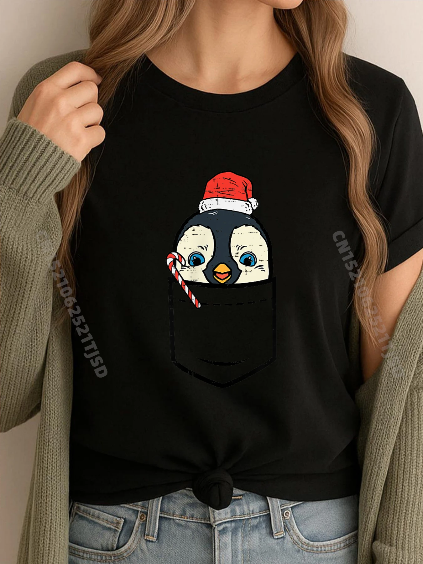 

Pocket Penguin Santa Cute Animal Christmas Xmas Mens Clothing Plus Size T Shirt Homme Leisure