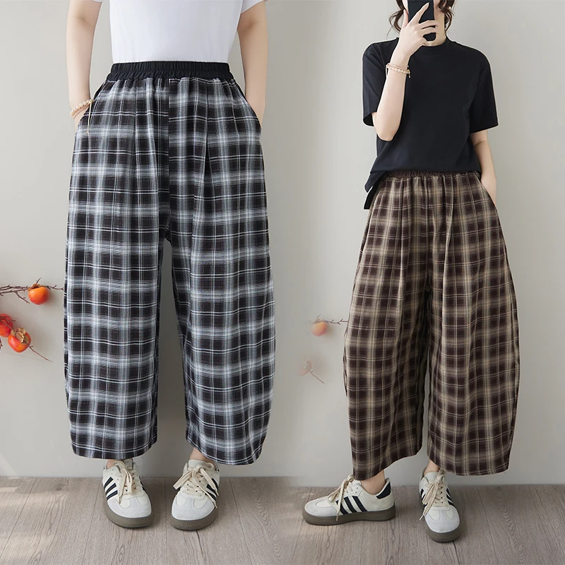 Fashionable Loose Slimming Plaid Pants Casual High Waist Cotton Blend Spring Autumn New Arrival Women's Bend Knife Pants