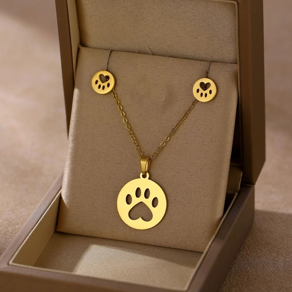 3Pcs, Creative Stainless Steel Pet Paw Print Necklace and Earring Set, Small and Delicate, Non-Fading, Hypoallergenic, Suitable for Everyday Wear, Fun and Relaxed Fashion Accessory, Gift Choice