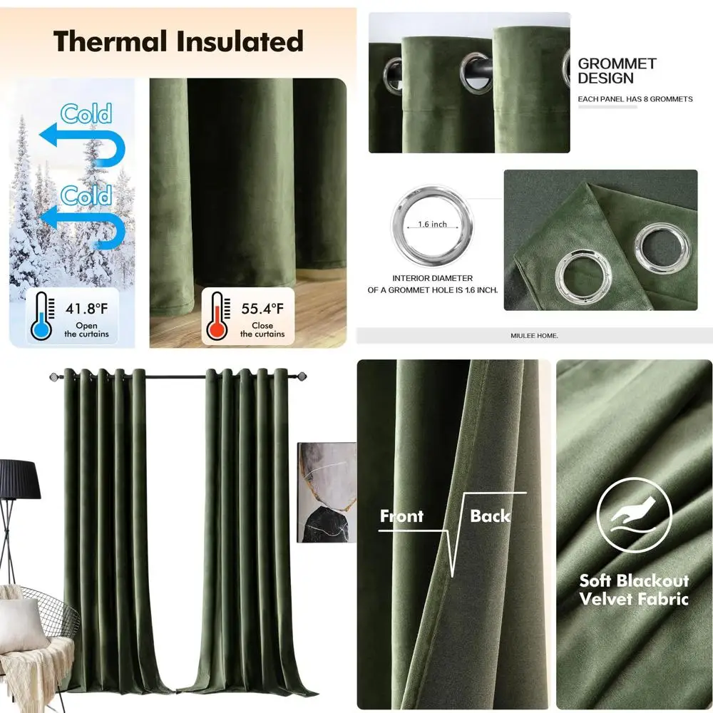

Элегантные оливково-зеленые бархатные шторы с люверсами, изолированные и звукоизоляционные, 72x84 дюймов, набор из 2 штук для классического домашнего декора