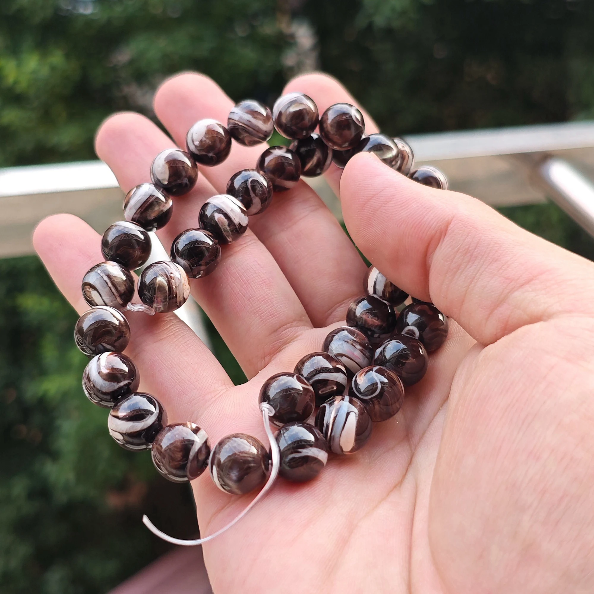 Brown White Swirled Shell Gemstone Loose Beads Polished Round Pebble Strand Organic Spacer Beads for DIY Designer Supply