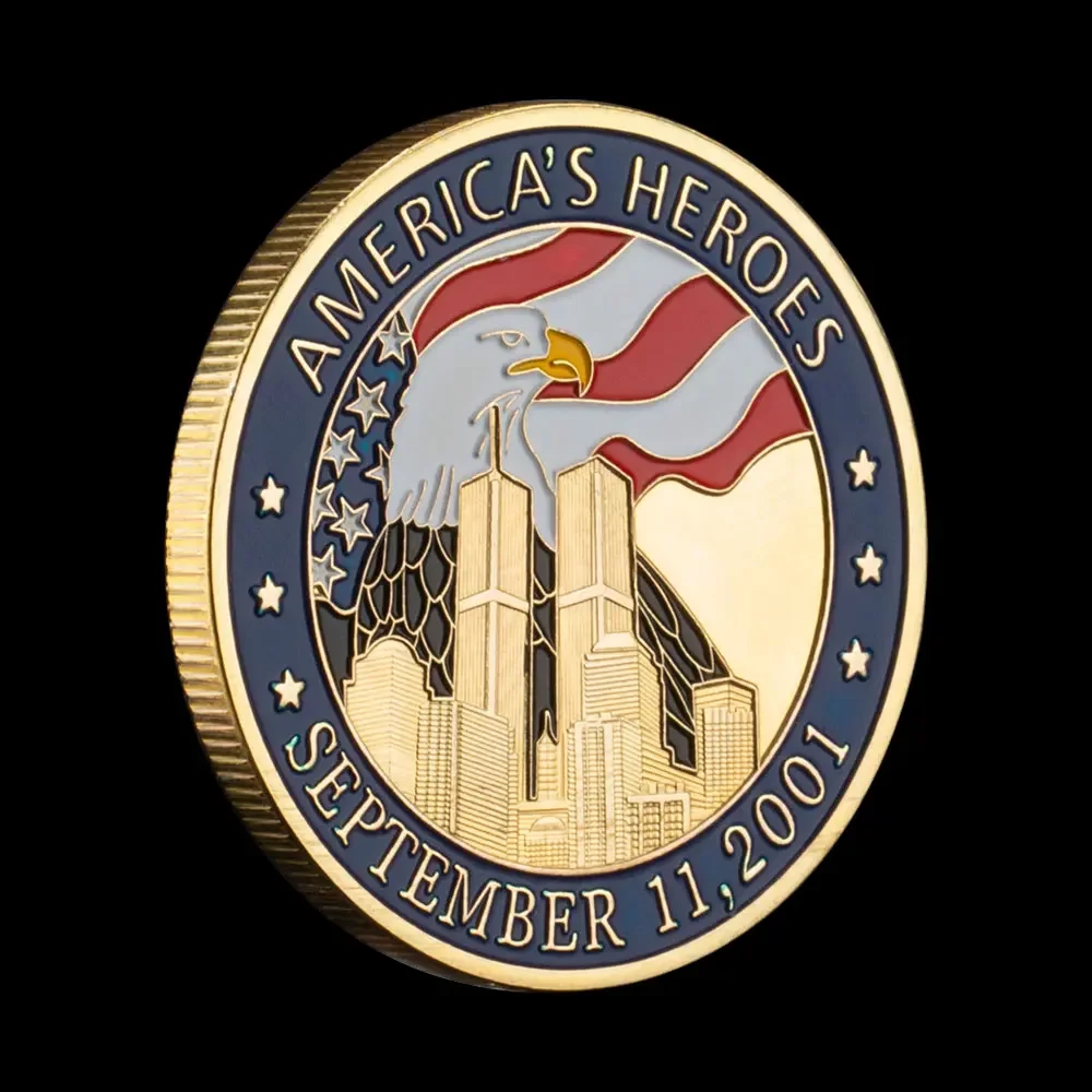 September 11 2001 American Heros Souvenir Coin Golden Plated Bald Eagle,world Trade Center Pattern Commemorative Coin