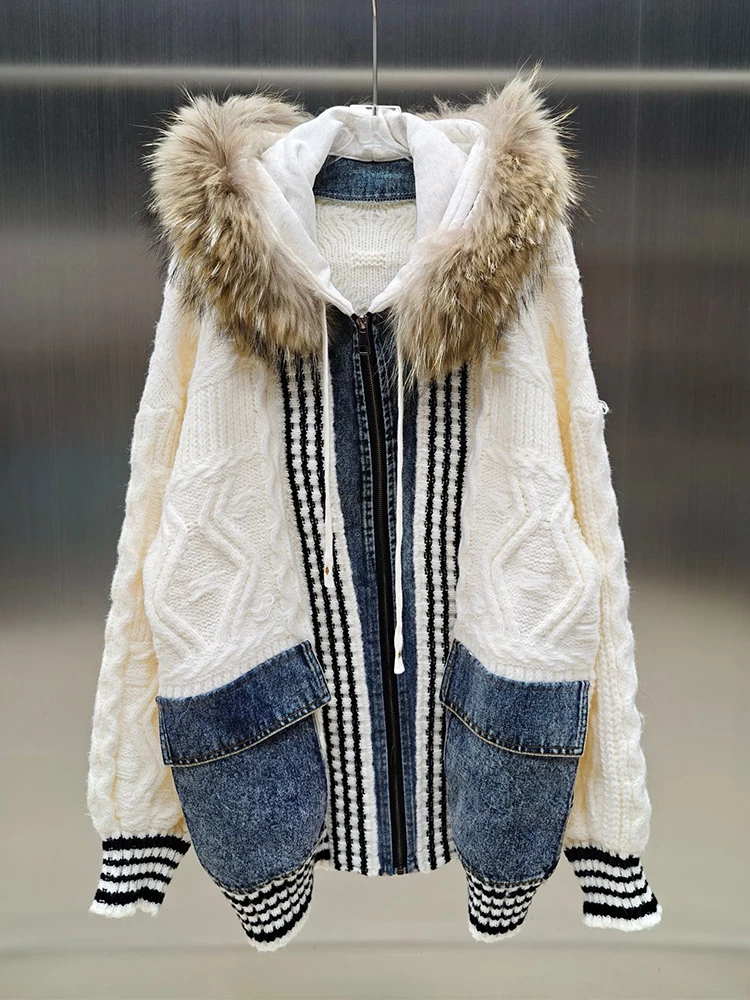 2025 Women Winter Luxury Real Raccoon Fur Collar Hoodie Knitting Thick Denim Cloth Joint Sweater Hooded Zipper Coat