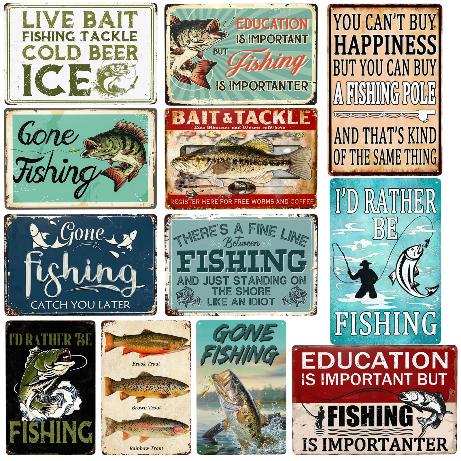 1szt Vintage Fishing Metal Signs Fish Cabin Lake House Sign Gifts for Fisherman Fishing Wall Art Funny Decor for Home 8x12 Inch