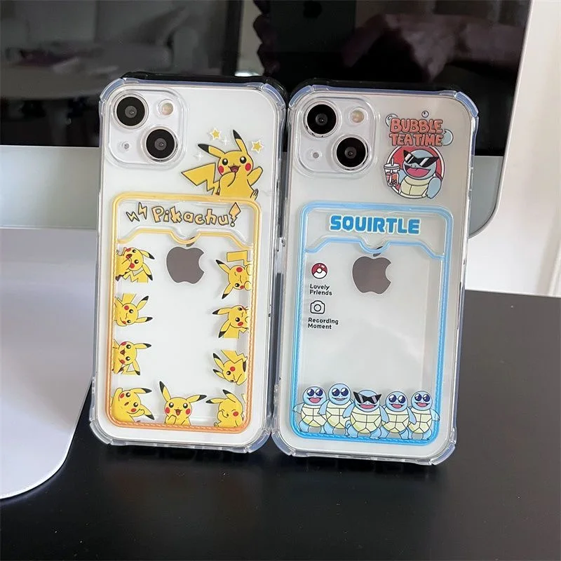 Pokémon Pikachu Johnny Turtle Carteira Cartão de telefone transparente, 3D Anime Cartoon, bonito macio TPU Capa para iPhone 11, 14, 13, 12, 15Pro Max