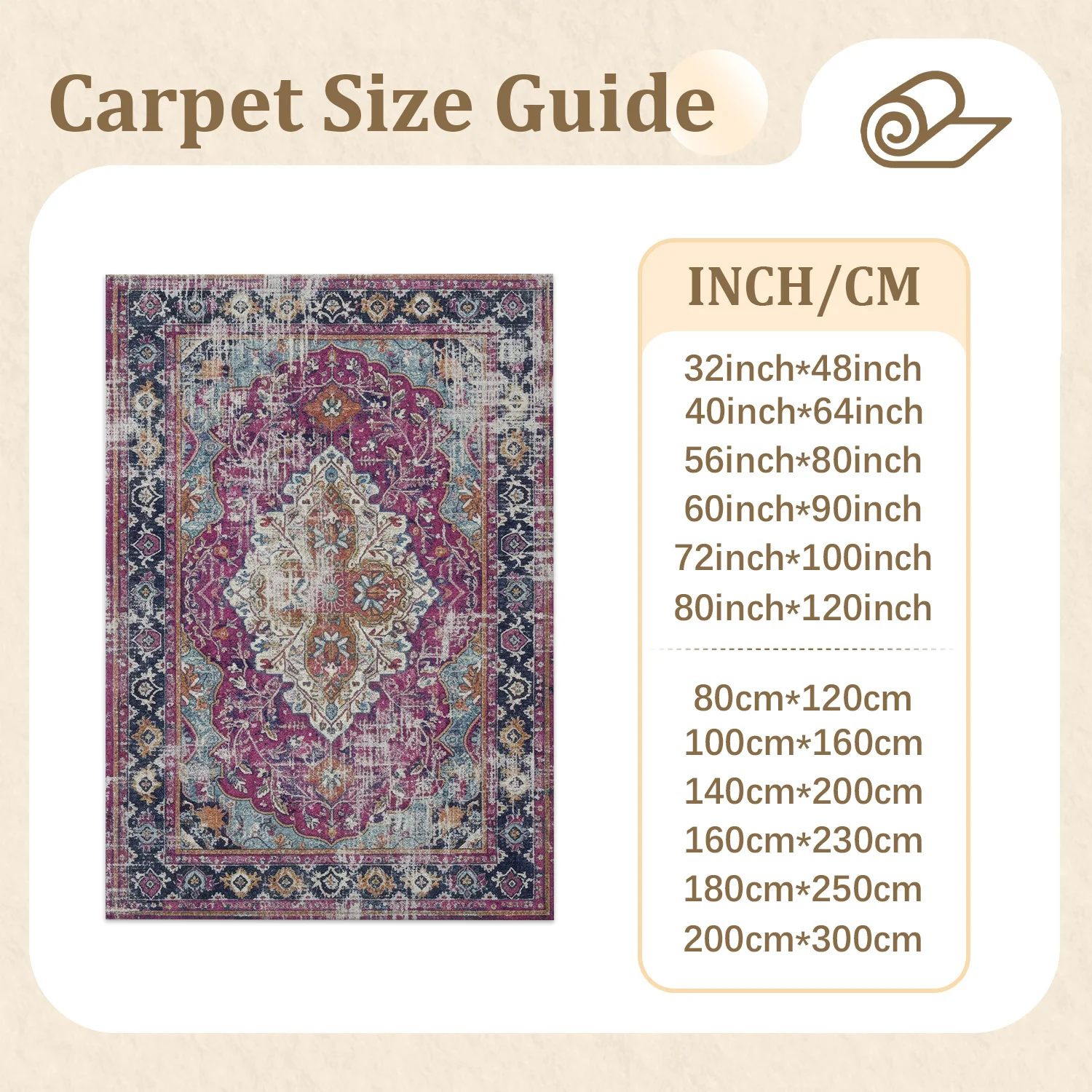Large Indoor Area Rug, Soft Velvet Low Pile Non-Slip Machine Washable Distressed Boho Oriental Rug for Living Room, Bedroom & Entryway, Vintage Medallion Pattern in Magenta, Teal & Cream for Home Decor