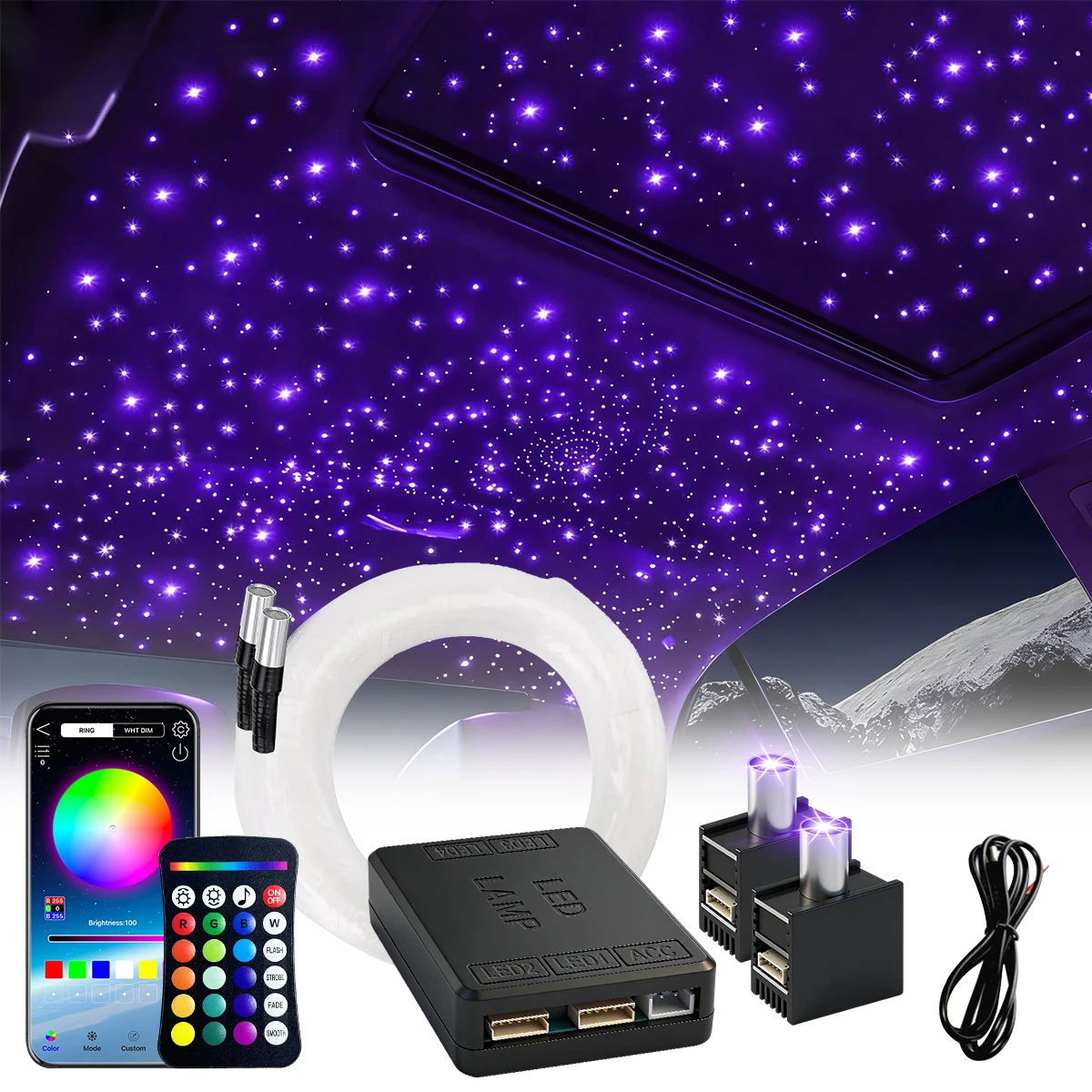 

Новинка 2026: Комплект для интерьера автомобиля с оптоволоконной подсветкой RGBW DC12V 16W, имитирующий звездное небо, с управлением через приложение, для потолка и крыши