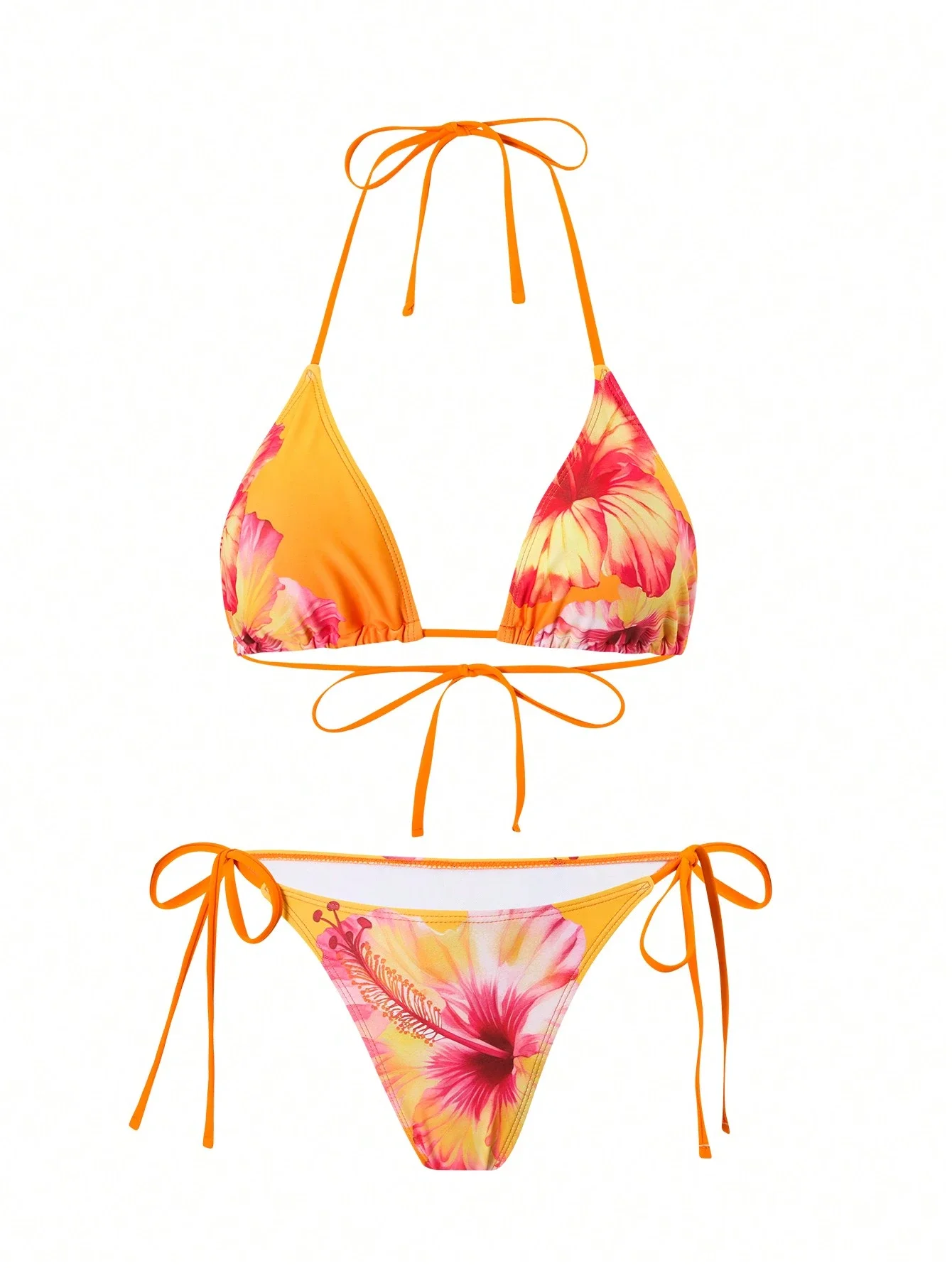 

Яркий комплект бикини с принтом гибискуса, регулируемыми завязками и сетчатой накидкой для тропического отдыха