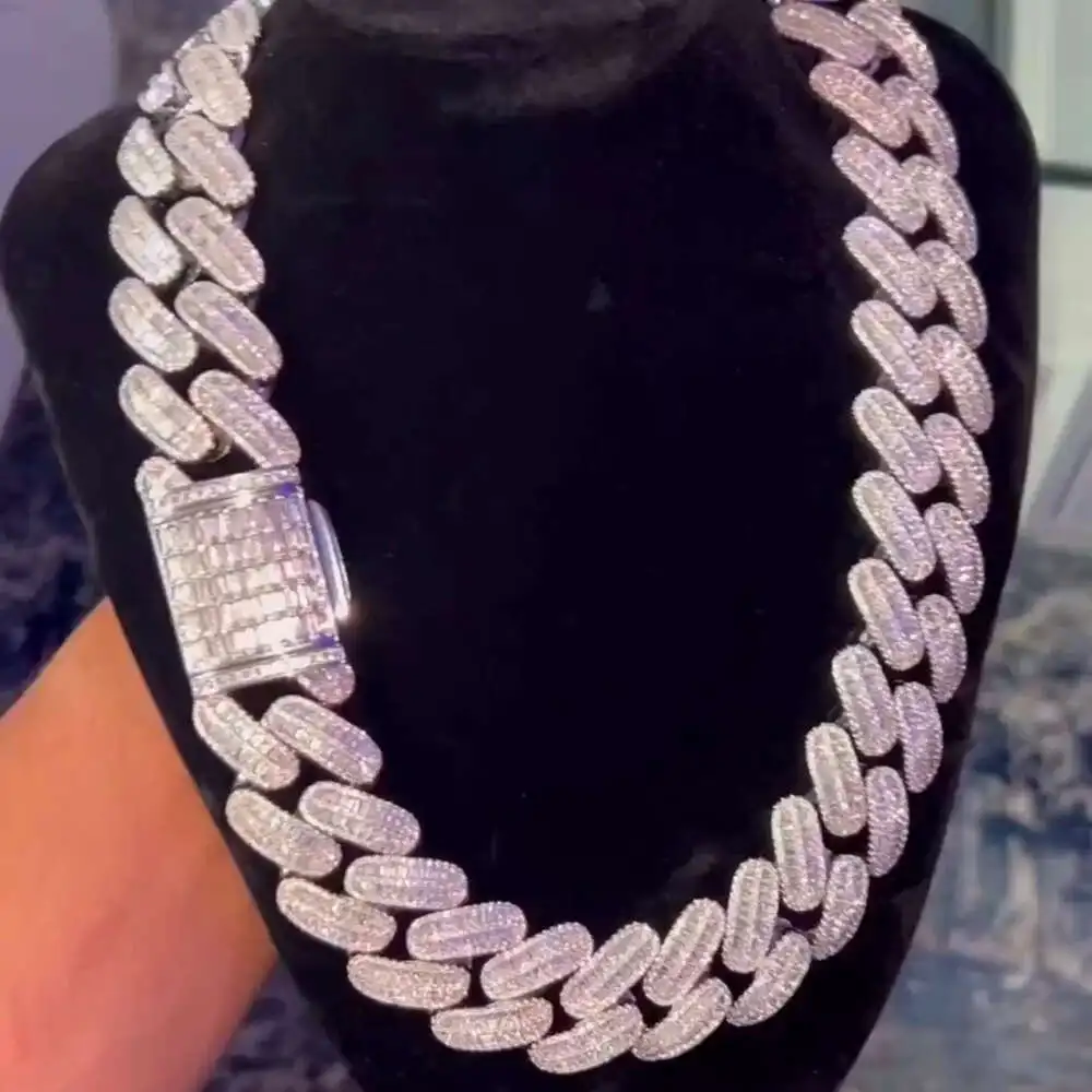 High Quality Customized 22 Mm Cuban Link Moissanite Diamond Chain 925 Sterling Silver White Gold Diamond Chain