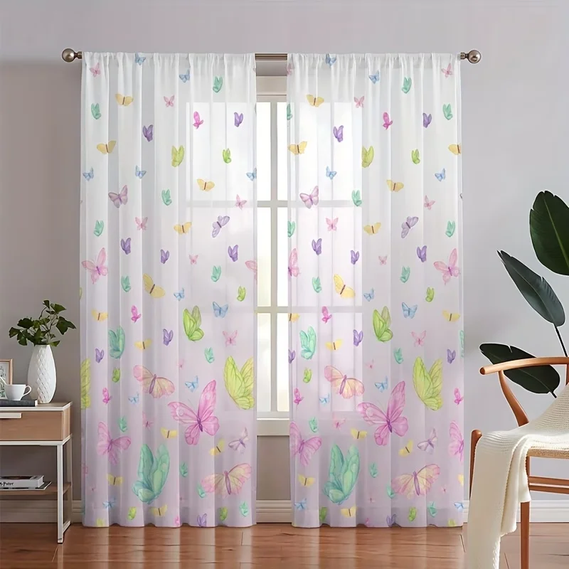2PC Colorful Butterfly Sheer Curtains - Dreamy Pastel Rainbow Print Window Drapes for Girls Bedroom Kids Room Decor