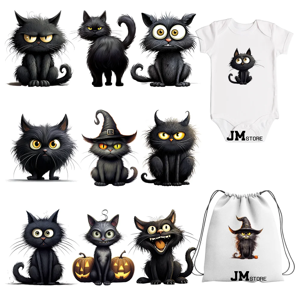 15cm 5.9in Kid Halloween Black Cat Iron On Heat Transfer Sticker For Clothes DTF Printed Vinyl Thermal Appliques Washable Decal