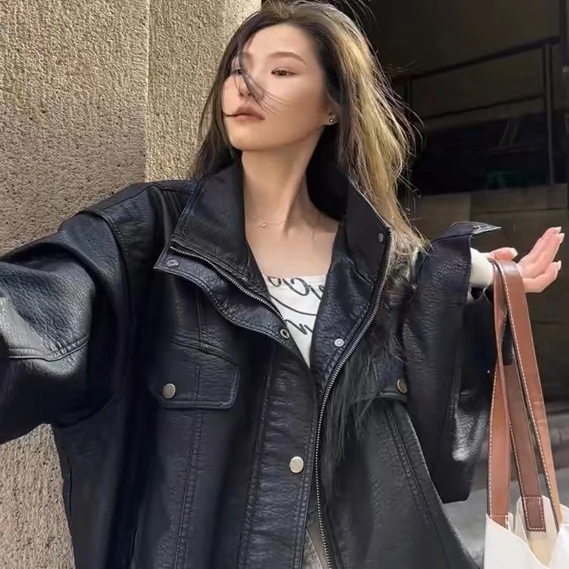 Nowa kurtka damska w stylu retro z amerykańskiej skóry PU z wzorem liczi, luźna, wyszczuplająca, motocyklowa, na wiosnę i jesień, model 2025.