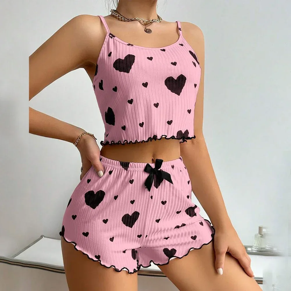 Women's Suspender Pajamas Set Summer Sleeveless Top Shorts Sleepwear 2 Piece Set For Women Homewear Casual Heart Print Suit