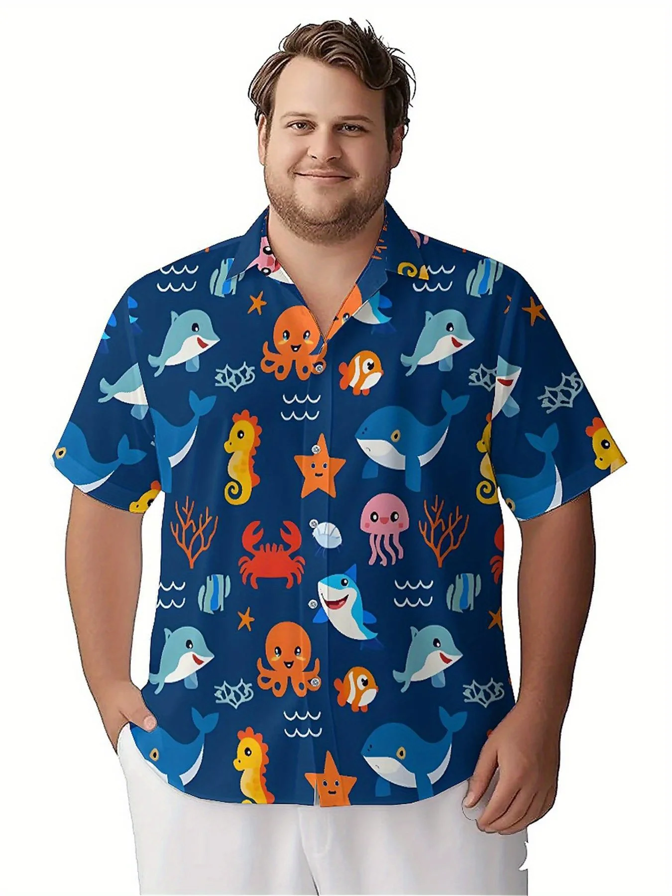 メンズプラスサイズアロハシャツ深海冒険パターン、ユニセックスアロハシャツ、夏のトップスTシャツ、ストリートウェア