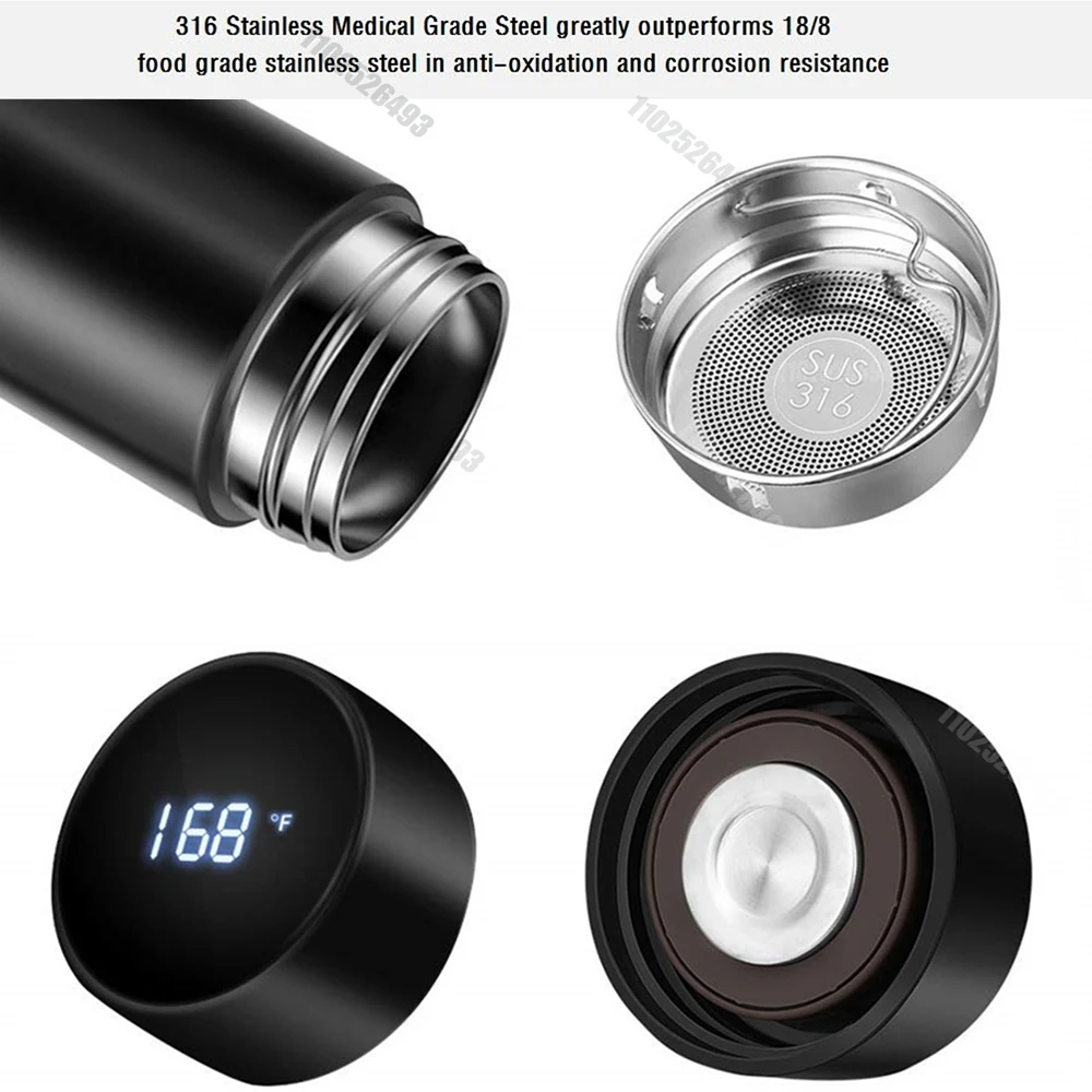 Car 500ml LED Intelligent Temperature Measurement Cup Stainless Steel Thermos Bottle with Digital Temperature Display with LOGO