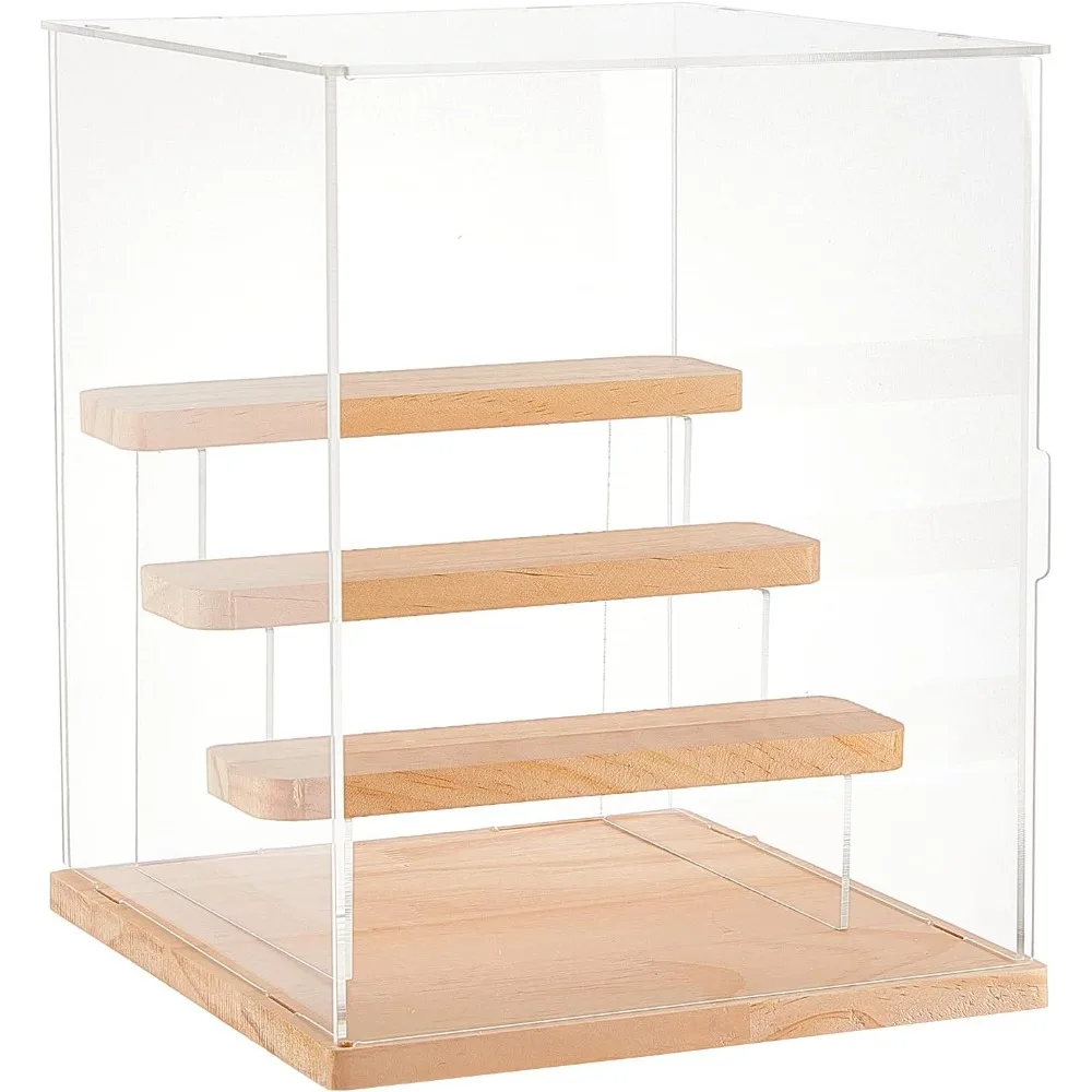 3 Tier Clear Acrylic Display Case, 9.25x8.6x10.6 Figures Wood Display Boxes Countertop Box Storage Cube Organizer Dustproof