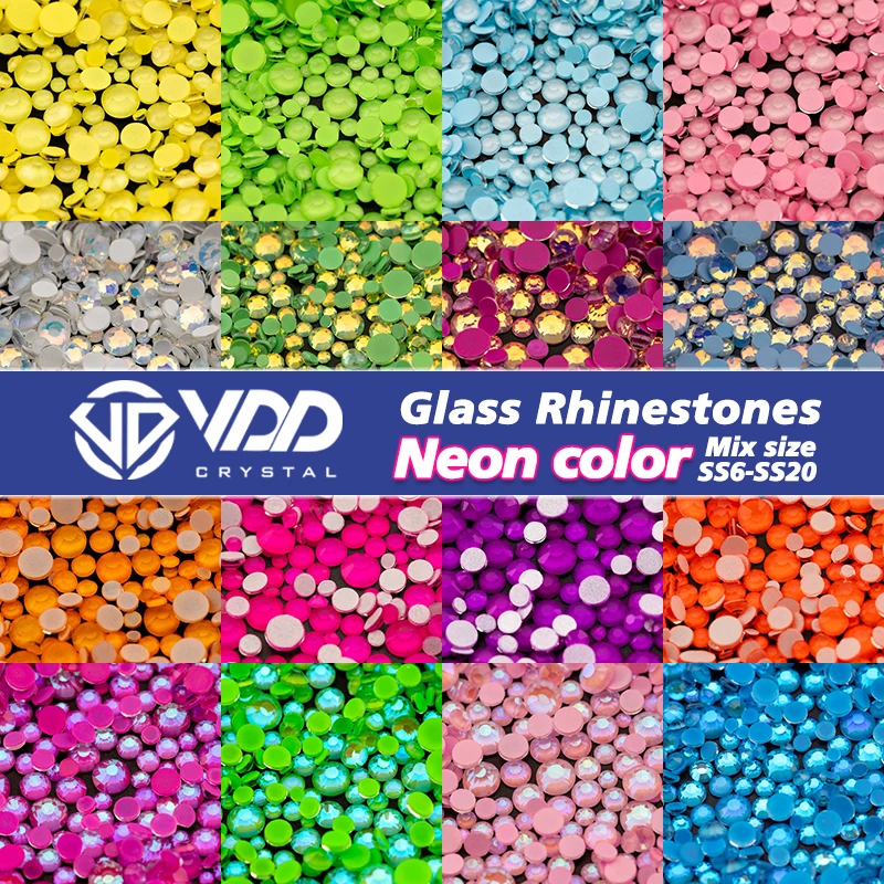 VDD Mix Size SS6-SS20 Glass Rhinestones Crystal Neon Color High Quality Flatback Glitter Stones DIY Crafts Nail Art Decorations