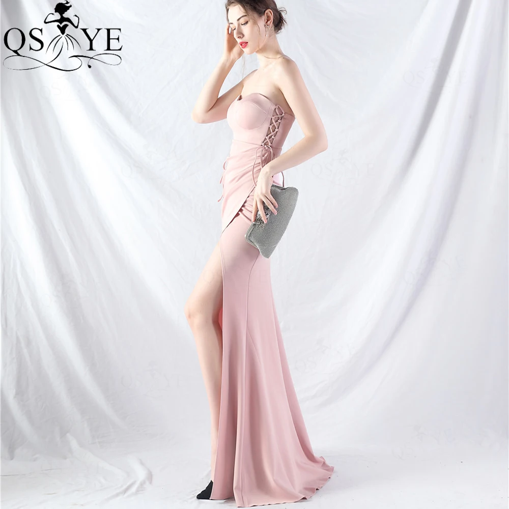QSYYE Long Pale Mauve Prom Dress 2024 Elastic Tie up Waist Sides Evening Dresses Pink Off Shoulder Sexy Slit Party Formal Gown