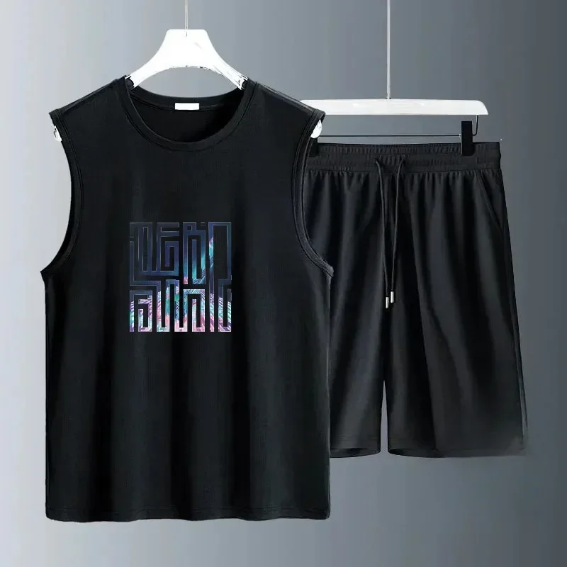 

Hong Kong Style Sleeveless Men Sets 2025 Summer Thin Loose Print Vest suit Fashionable Simple sports Tops Shorts Two-piece set