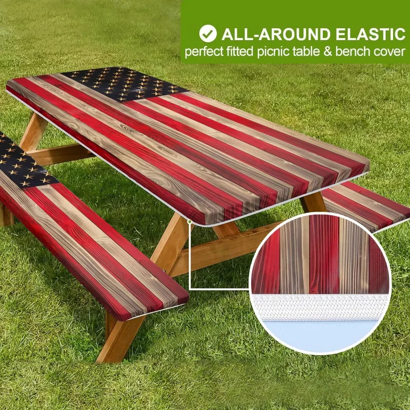 3Pcs/set 4/6/8FT Flag Pattern Outdoor Dining Table And Chair Cover Set Picnic Table Cover With Bench Covers For BBQ Camping