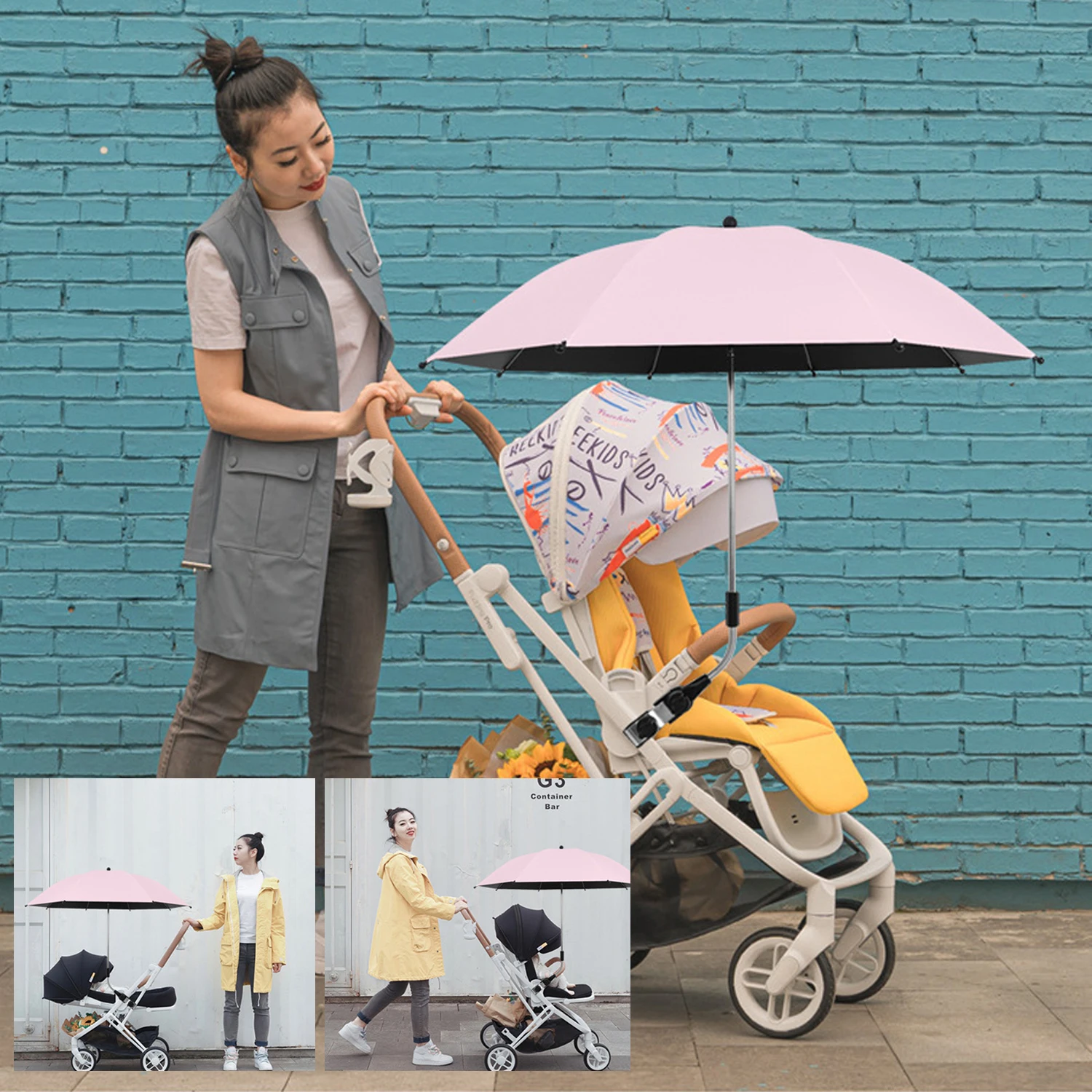 Universal Baby Stroller Parasol 360° UV Protection Adjustable Baby Stroller Umbrella Dual Use Rain or Shine Stroller Sunshade