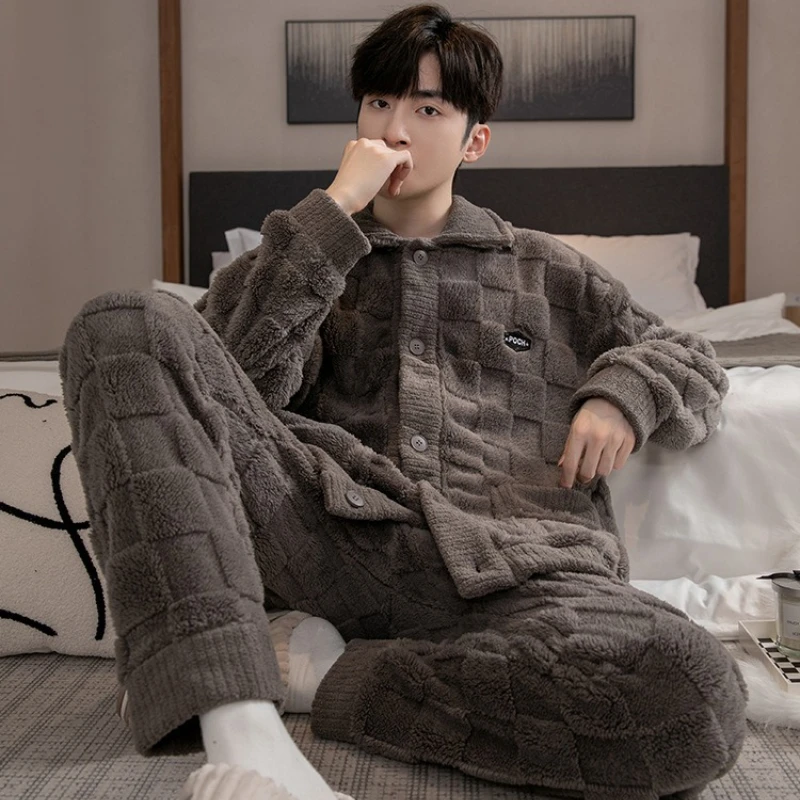 

Male Autumn Winter Pajama Set Coral Fleece Flannel Thickened Fleece Lined Long Sleeve Warmth Men Homewear Simple Loungewear Set