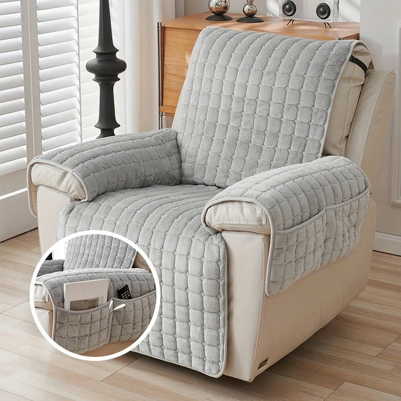 Winter Plush Non-slip Couch Cushion Anti-cat Scratch Sing Sofa Seat Cover with Pocket Solid Color Lazy Sofa Recliner Covers