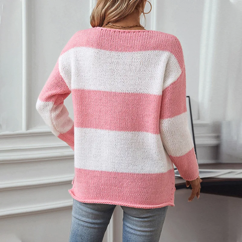 24 autumn and winter new casual foreign trade knitted sweater  contrasting colors striped V-neck off-the-shoulder sweater women