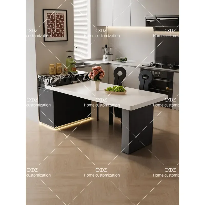 Minimalist Rock Slab Island Table Integrated Retractable Kitchen Island for Villa Open Restaurant Customization